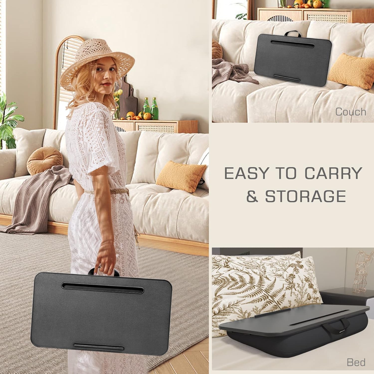 Lap Desk, Lap Desk with Cushion, Fits up to 17 inch Laptop, Pillow Designed, Portable Laptop Stand with Tray, Pad & Phone Holder, Home Office for Bed/Couch/Car/Reading/Writing,MillHome (Black)