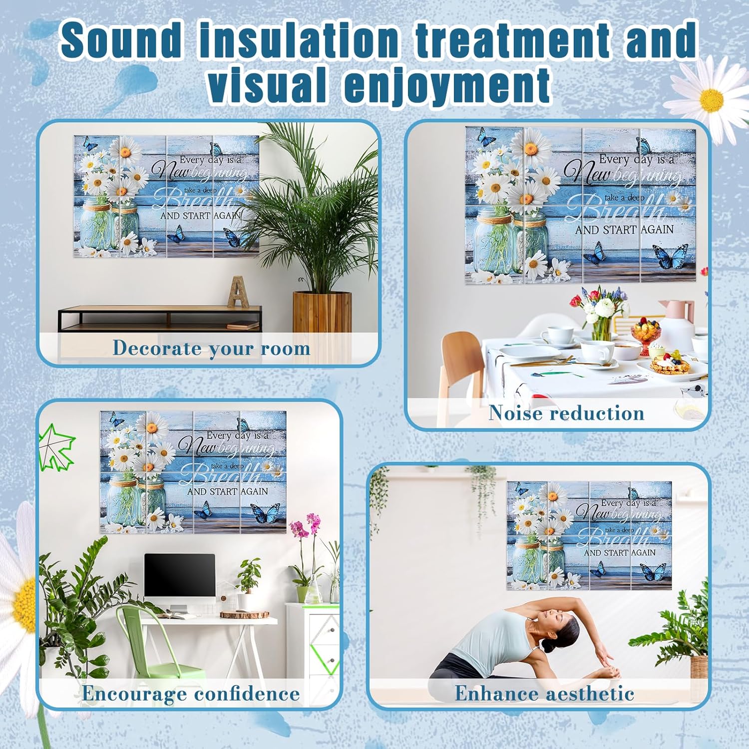 8 Pack Art Acoustic Panels, 48X32 Inches Soundproof Wall Panels Self Adhesive Decorative Sound Absorbing Padding, Noise Dampening Canceling Reducing Blocker for Room Office(Little Daisy)
