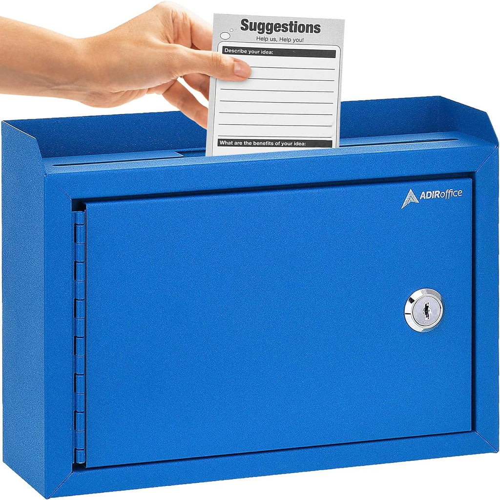 Adir Corp Suggestion Box with Slot and Lock - Drop Box with Lock, Cash Dropbox - 9.8x7.5x3.4 Inches Wall Mount Donation Box - Metal Deposit Box (Blue)