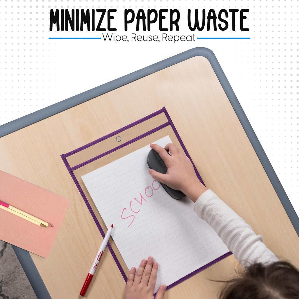 Essex Wares - 6 Pack, Grape, Durable Water-Resistant Dry Erase Pocket Document Protectors, 10" Wide x 13.5" Tall - Dry Erase Clear Plastic Sleeves - Reusable & Easy Erase Plastic Invoice Holders