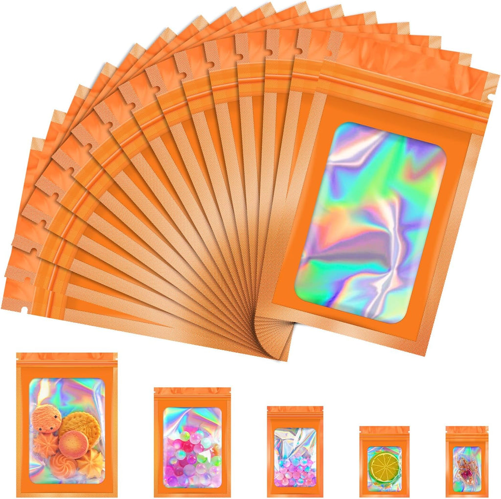 100 Pcs Mylar Bags, Smell Proof Bags Foil Pouch, Holographic Resealable Bags for Small Business, Candy Sample Jewelry Bag Sealable Packaging for Party Favor Food Storage (3x5in-Orange)