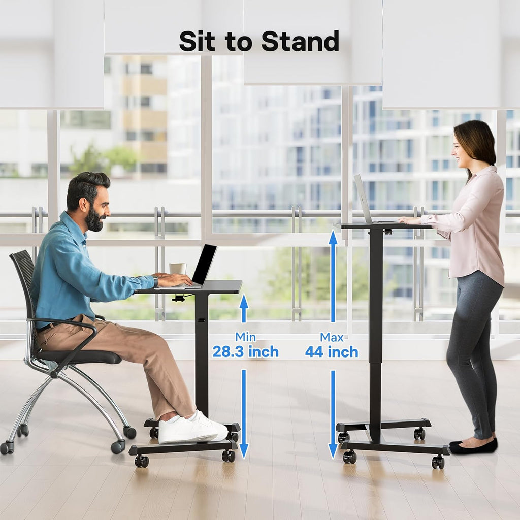 BONTEC Mobile Standing Desk Adjustable Height, Rolling Laptop Cart with Hook, Portable Workstation with Pneumatic Lift, Ergonomic Table with Wheels, Compact Home Office Desk, Black 25.6" x 17.7"