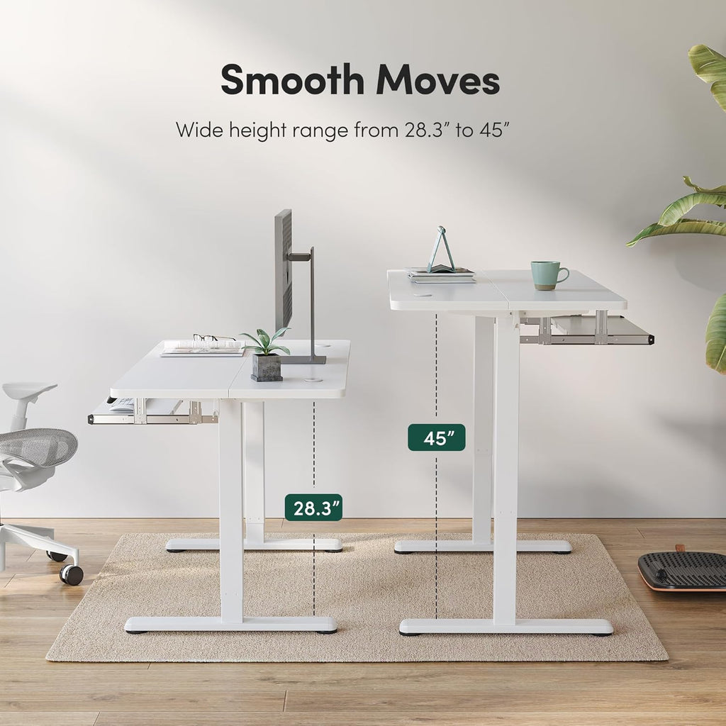 FEZIBO Standing Desk with Keyboard Tray, 60 x 24 Inch Adjustable Height Sit Stand Desk with Memory Presets for Home Office, Ergonomic Computer Workstation, White
