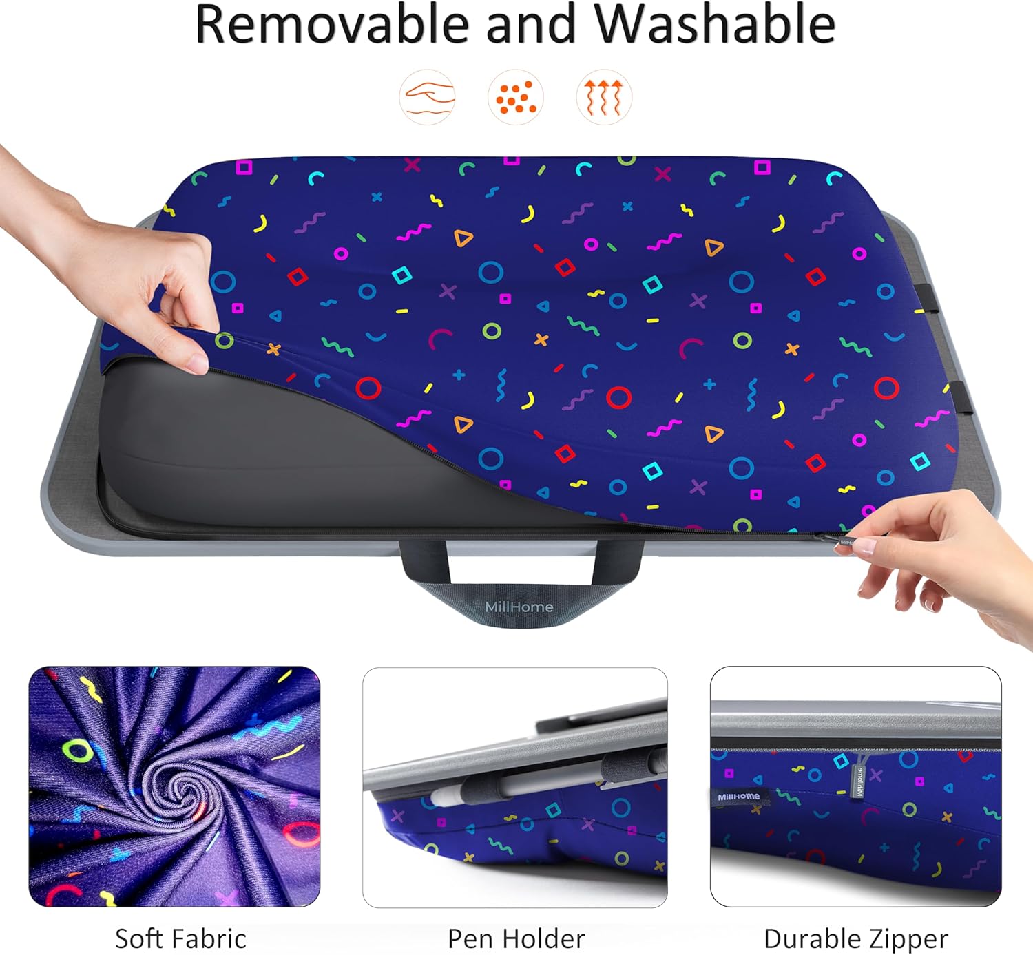 Millhome Lap Desk | Portable Laptop Desk – Fits Up to 17.3" Laptops – Detachable & Washable Cushion, Phone Holder, Device Ledge – for Writing, Working, Reading on Bed, Couch, Sofa, Floor – Geometric