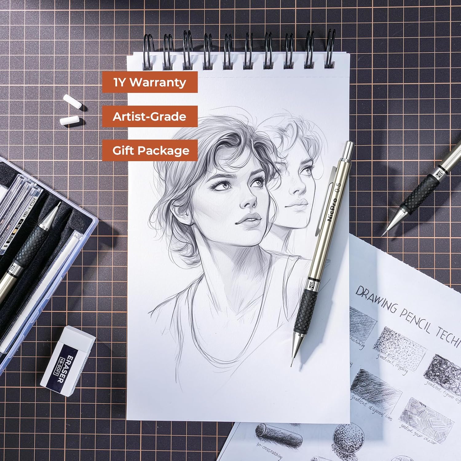 Nicpro RG1000 0.5 mm Art Mechanical Pencil Set in Storage Case, 3 PCS Metal Drafting Pencil Lead Pencil with 6 Tube HB Refills, 3 Erasers, 9 PCS Eraser Refills for Artist Writing, Drawing, Sketching