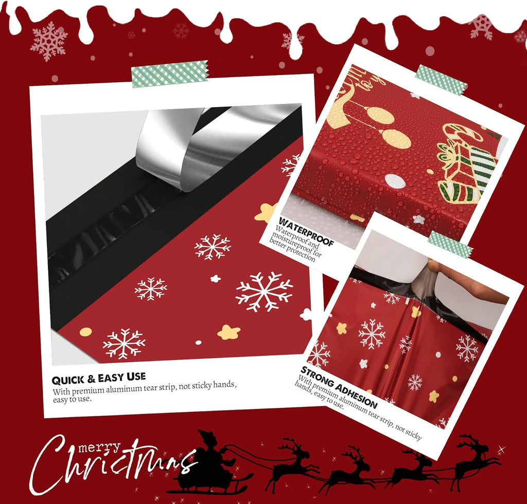 Christmas Poly Mailer 10x13 Inch 100 Pcs, Waterproof Shipping Bags for Clothing, Tear-Resistant Mailier Bags, Strong Mailing Bags with Self-Seal - Red Merry Christmas