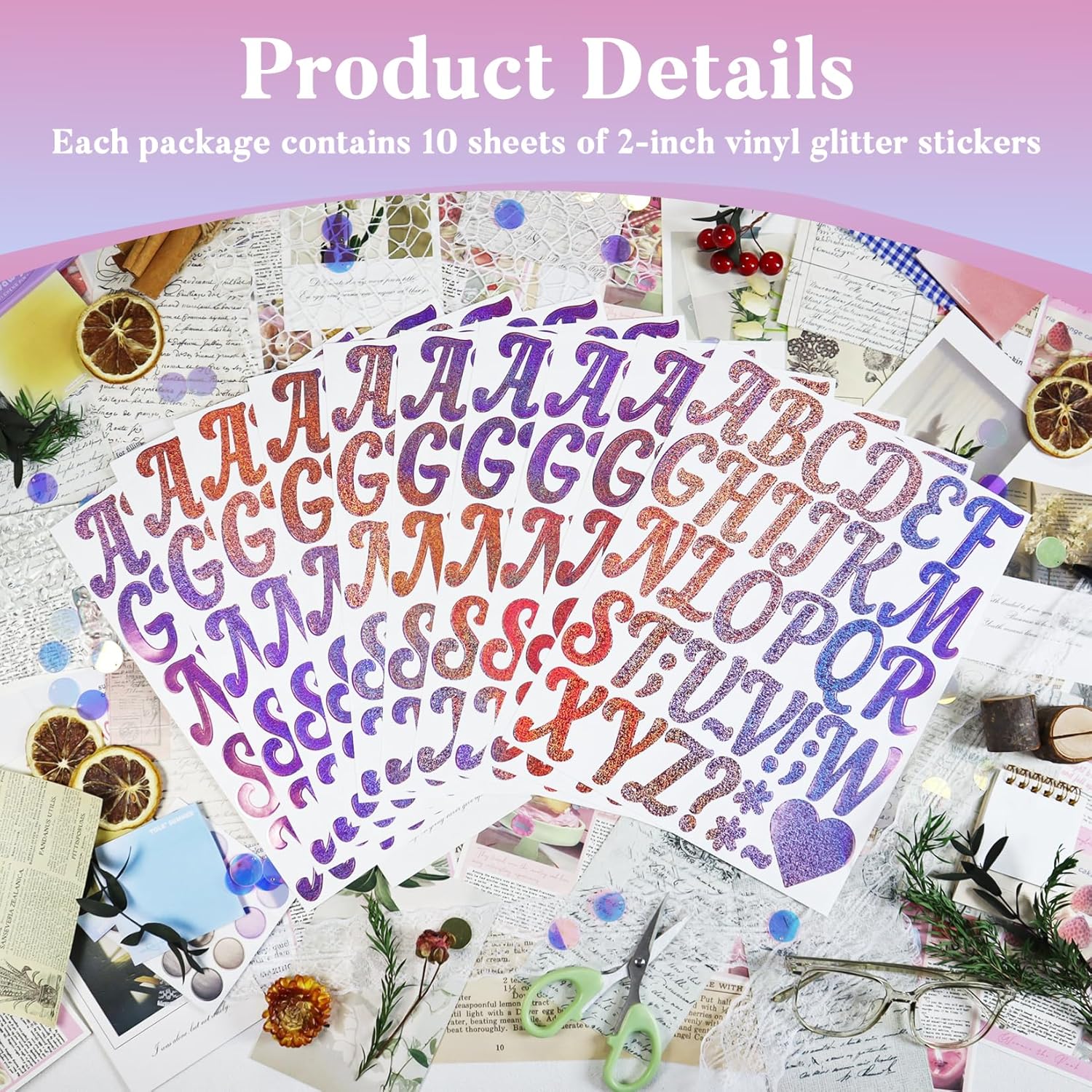 Glitter Letter Stickers, 10 Sheets 2 Inches Self-Adhesive Vinyl Letters Alphabet Sticker Decals for Scrapbook,Door,Mailbox,Bulletins Boards - Pink