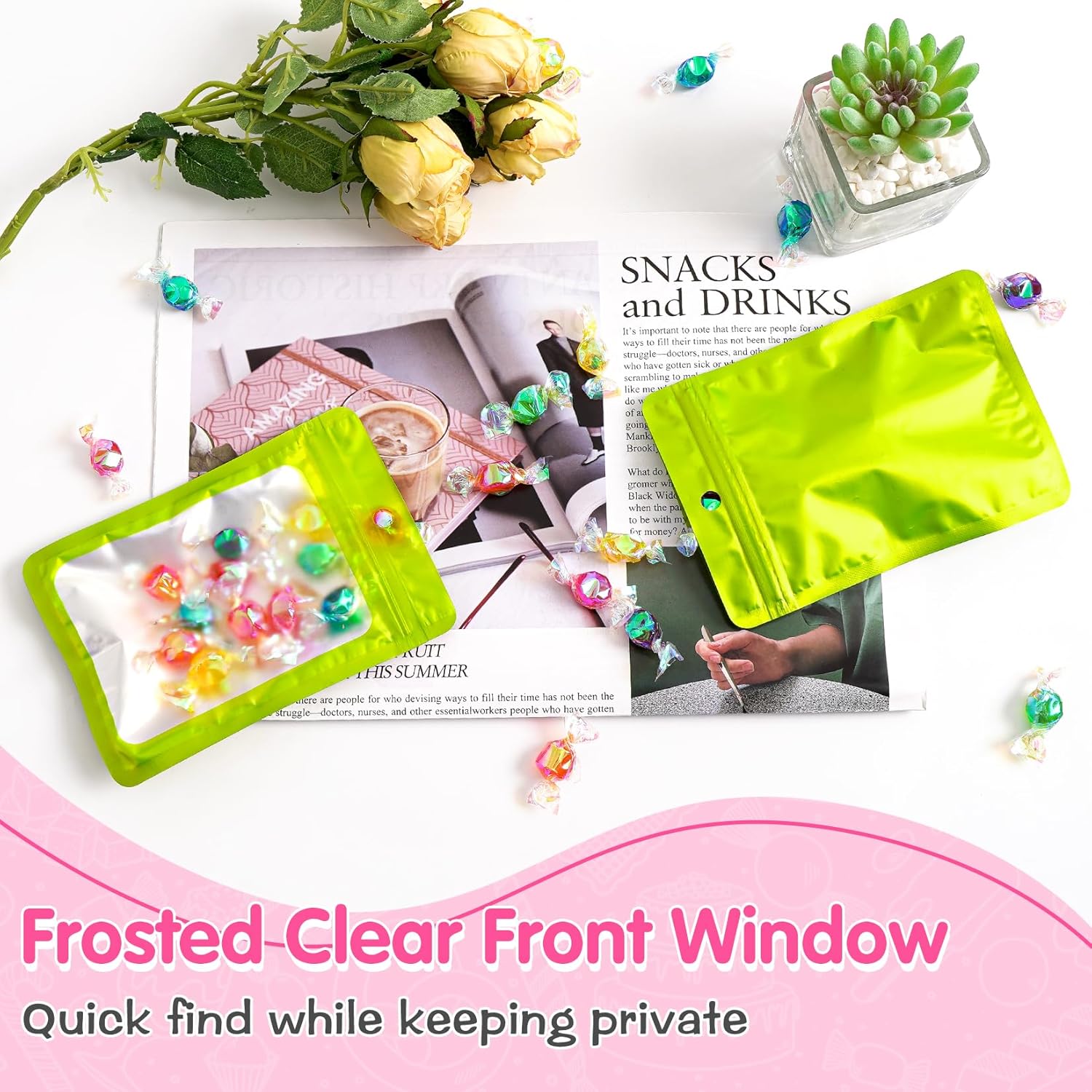 FUNFERY 100 Pack Mylar Resealable Bags Foil Packaging Bags with Clear Window,Zipper Pouch Smell Proof Bag for Food Storage,Cookies,Sample,Small Business(Green,4.7x7inch)