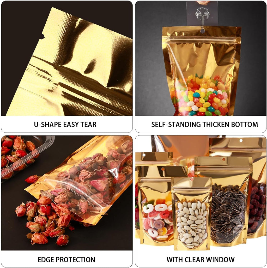 300 Pcs Mylar Bags for Food Storage 5x8 Mylar Bag with Window Stand Up Small Resealable Bags Smell Proof Bag Food Packaging for Small Business Freeze Dried Candy Jewelry Foil Packaging Gold