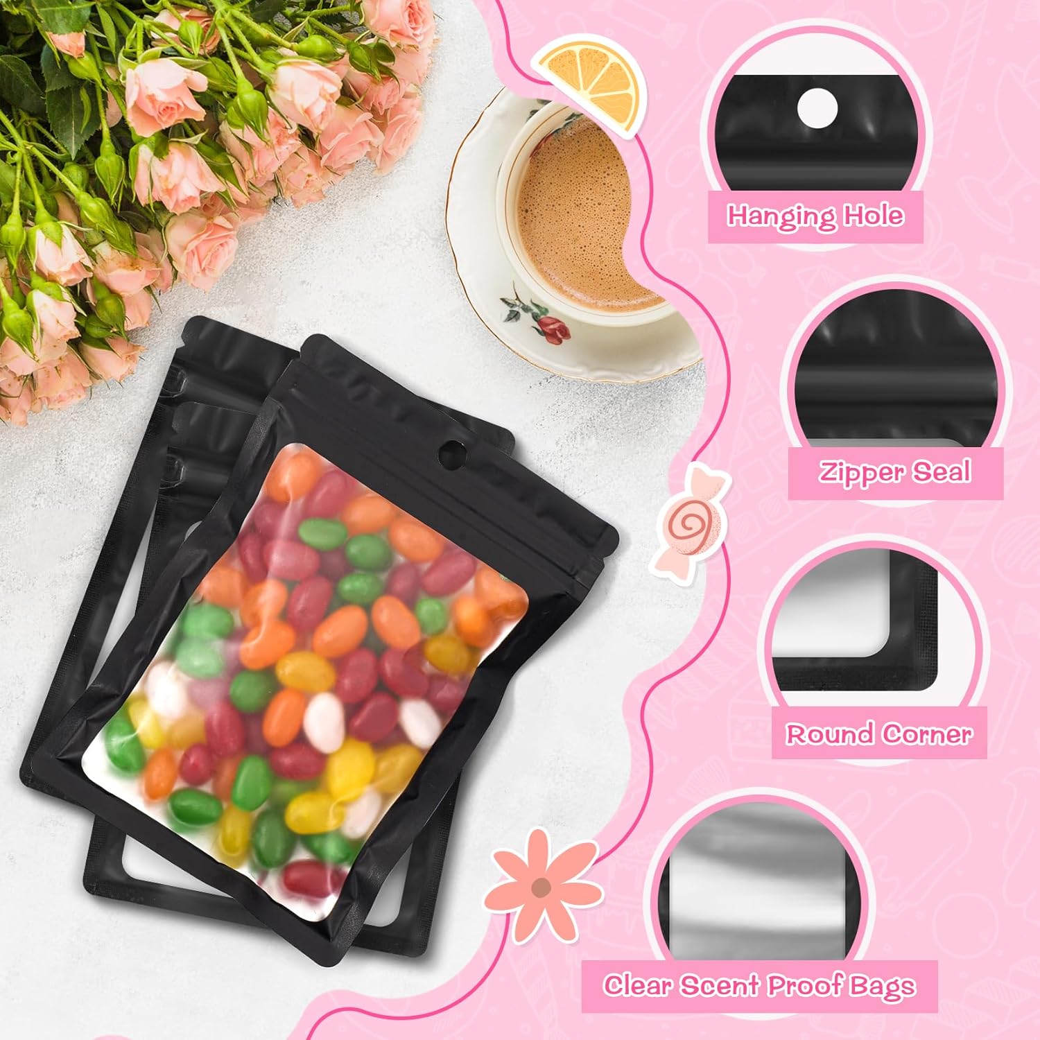 FUNFERY 100 Pack Mylar Resealable Bags Foil Packaging Bags with Clear Window,Zipper Pouch Smell Proof Bag for Food Storage,Cookies,Sample,Small Business(Black,6.3x9.4inch)