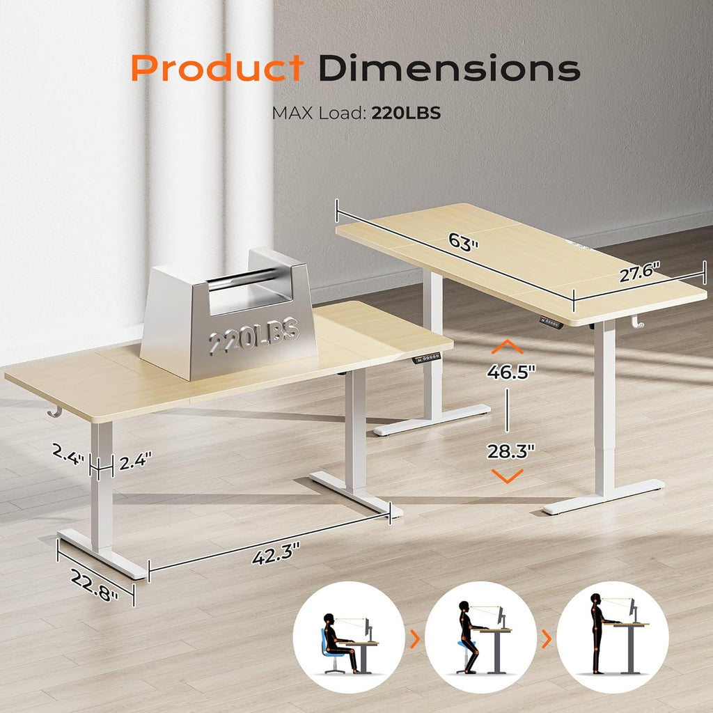 Huuger 63 x 28 Large Electric Standing Desk, Height Adjustable Computer Desk, 27.6" Deep Desktop, Stand up Gaming Office Table with 2 Hooks, 3 Preset Heights, for Home Office, Oak