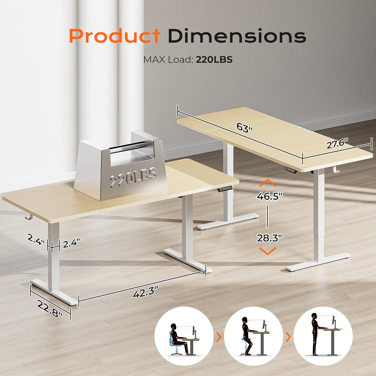 Huuger 63 x 28 Large Electric Standing Desk, Height Adjustable Computer Desk, 27.6" Deep Desktop, Stand up Gaming Office Table with 2 Hooks, 3 Preset Heights, for Home Office, Oak