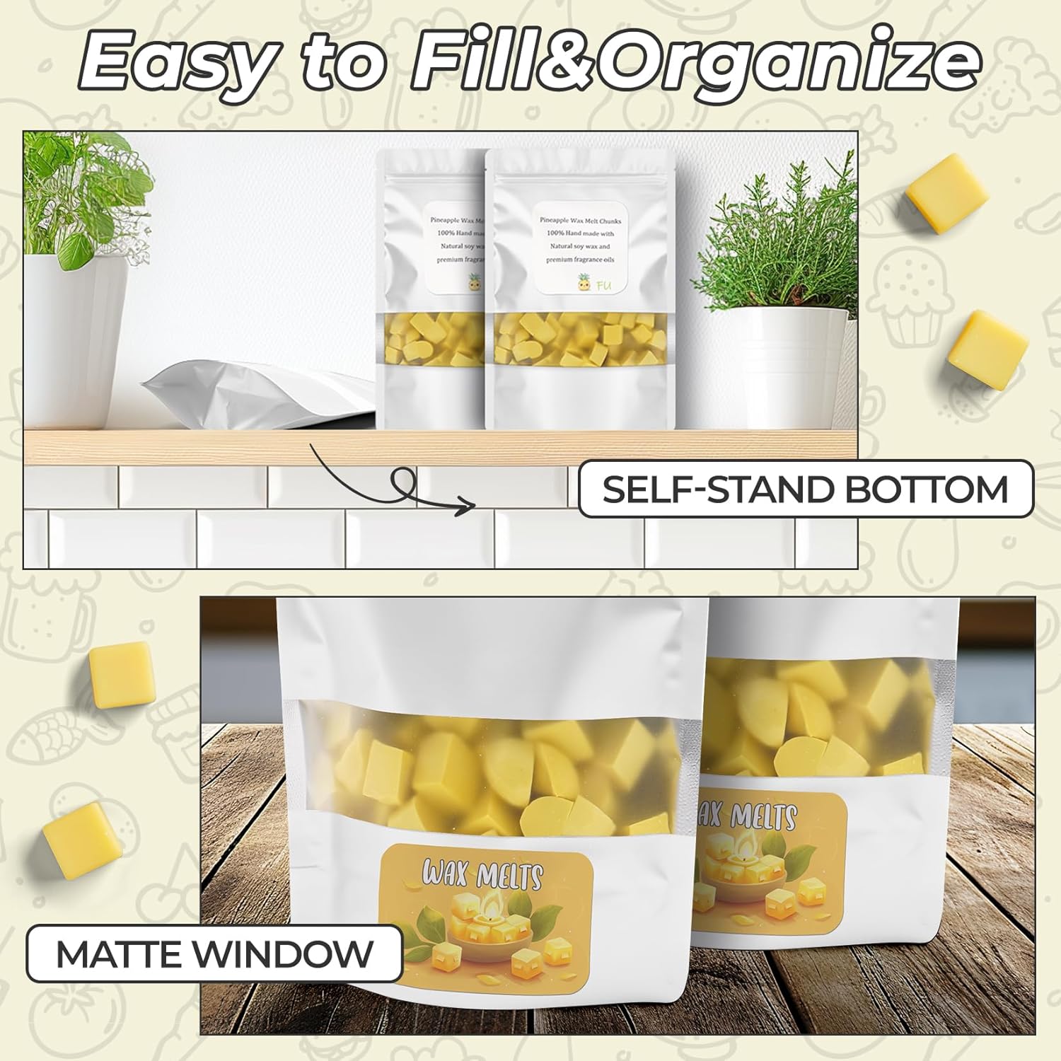 Funfery 100 Pcs Smell Proof Packaging Bags,Mylar Clear Bags for Food Storage,Sealable Bag for Packaging,Stand Up Pouches with Window,ReSealable Bag for Small Business,Cookies,Candy(White,4.7x7.9in)