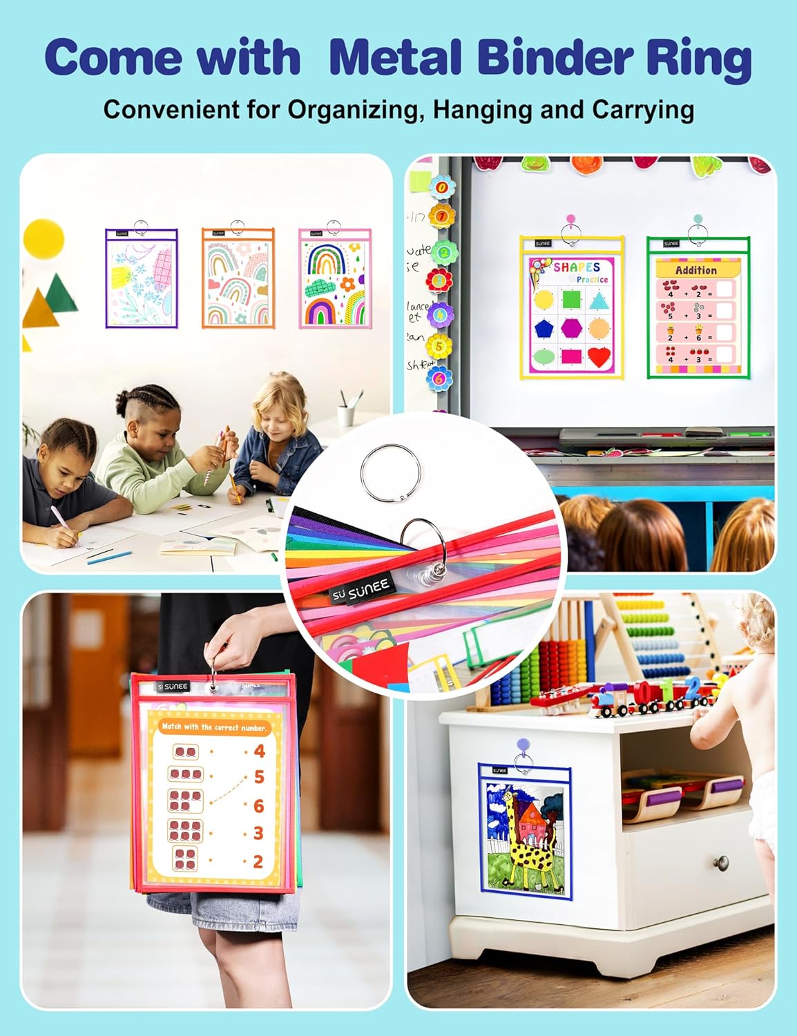 SUNEE 100 Packs Oversized Reusable Dry Erase Pocket Sleeves with 5 Rings, 10 Assorted Colors 10x14 Ticket Holders, Clear Plastic Sheet Protectors, Teacher School Classroom Supplies