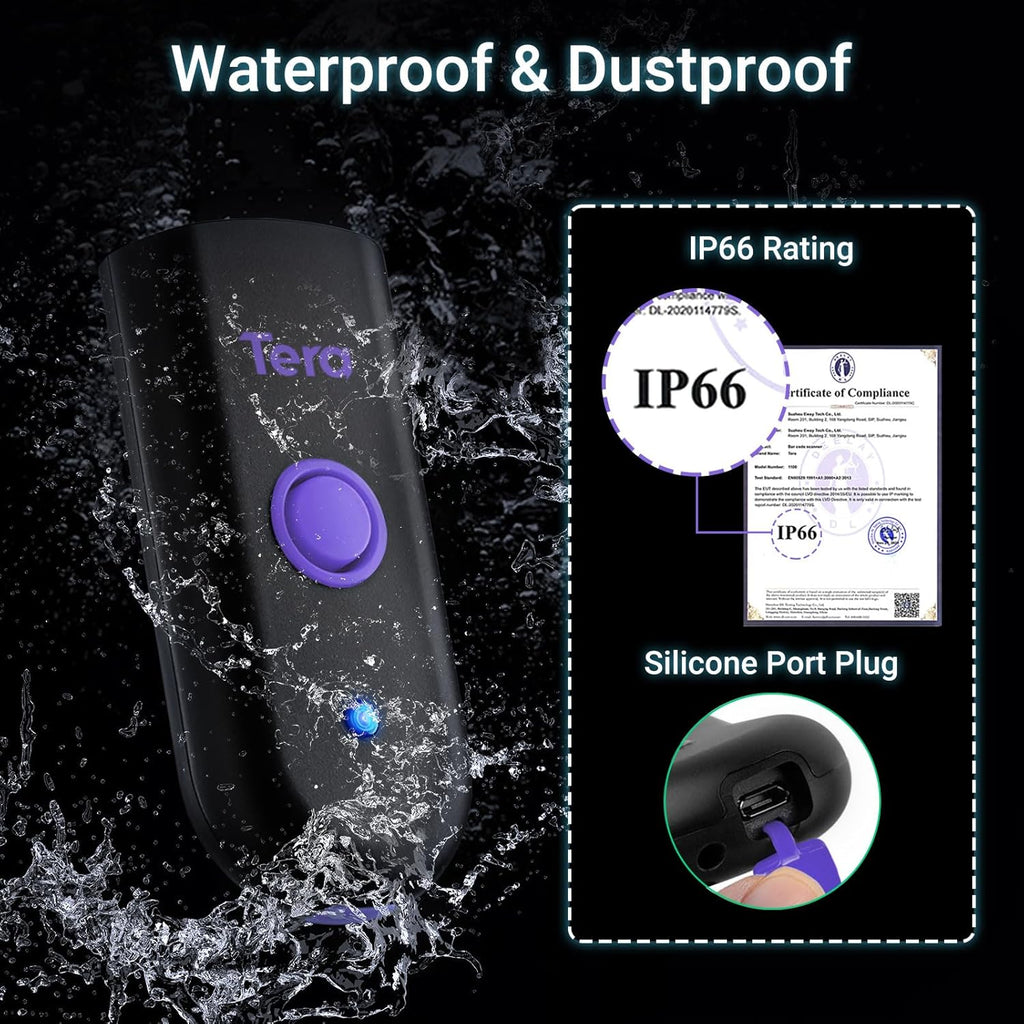 Tera Mini 1D Barcode Scanner: Pocket Waterproof Wireless Laser Scanner 3 in 1 Compatible with Bluetooth USB Wired Portable Bar Code Reader for Logistics Work with iOS Windows Android 1100L Purple
