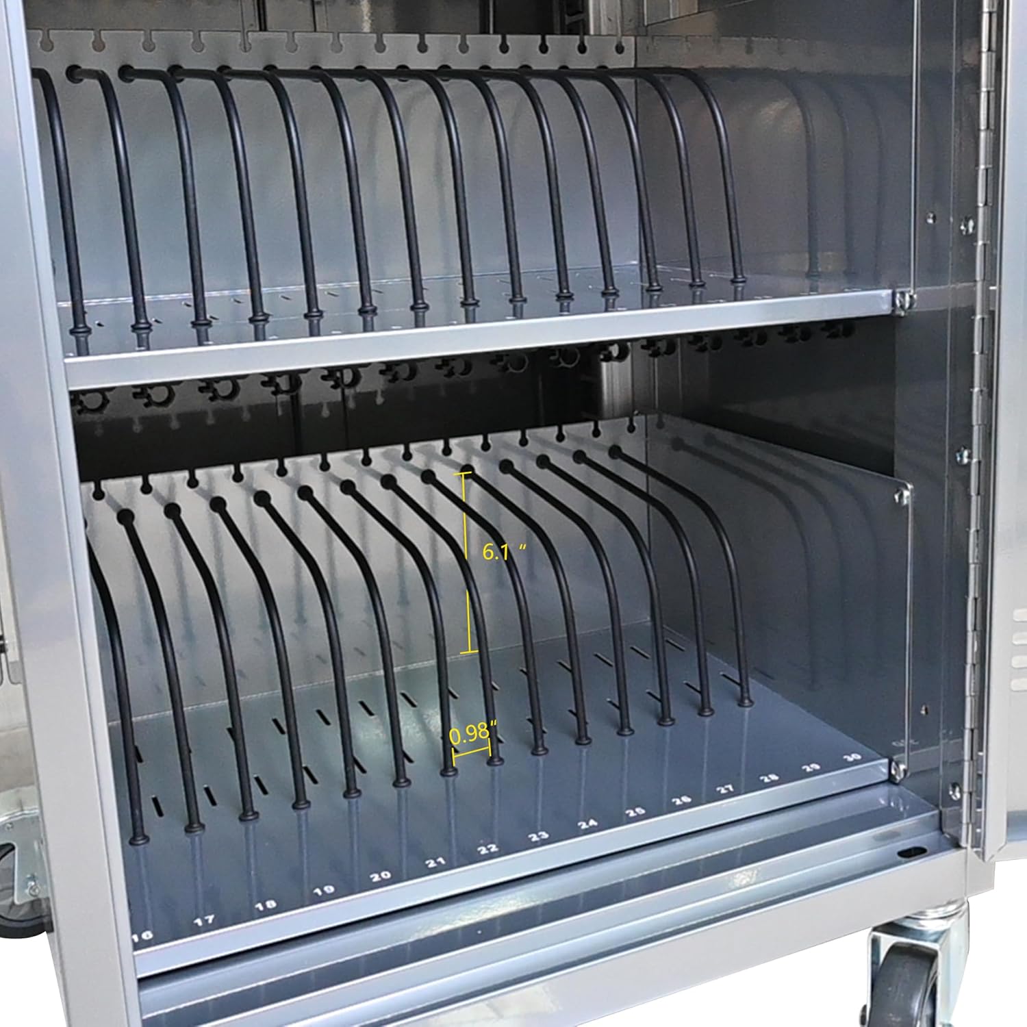 35 Devices Mobile Lockable Charging Cart and Cabinet Up to 16.3" Screen Tablet Storage Cart Charging Trolley Station with Handle and Cable Management Dividers for Tablets Laptops Chromebook Silver