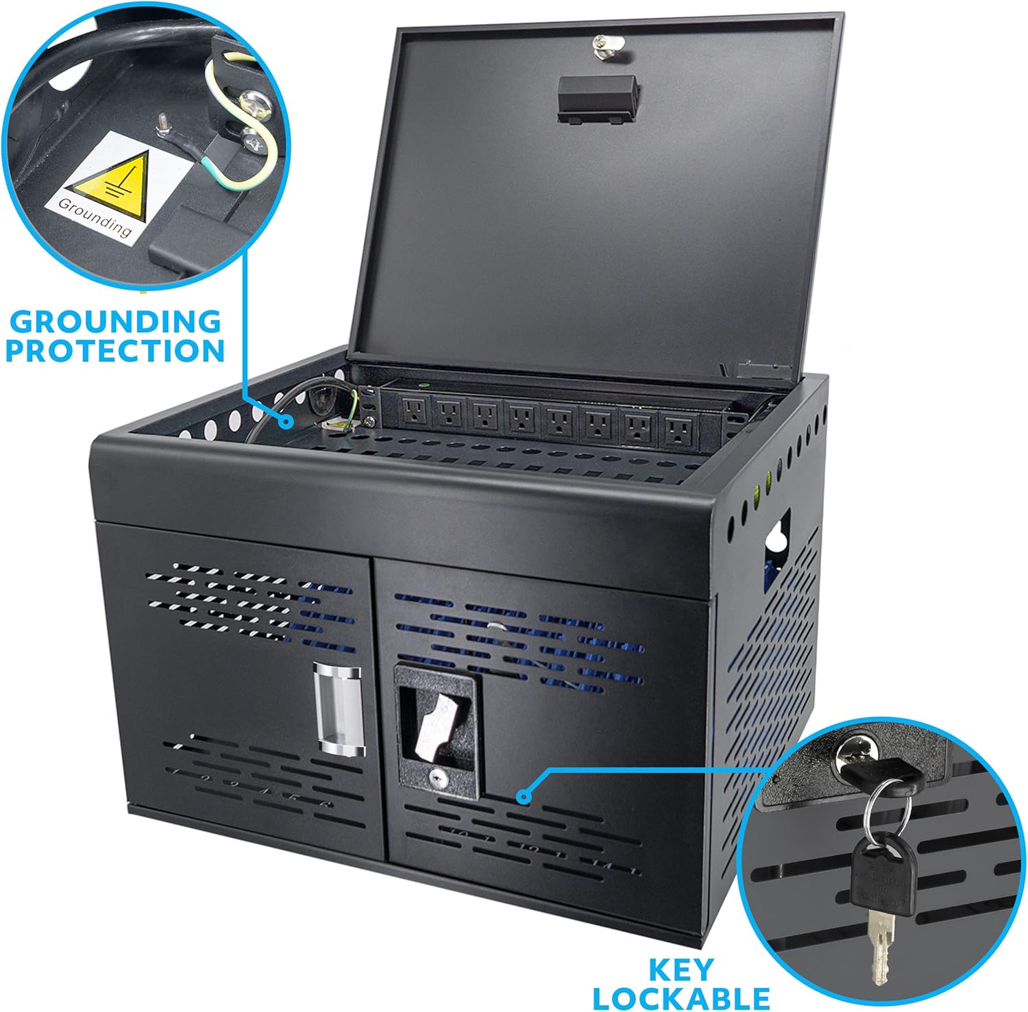 POCHAR 16-Unit Charging Cabinet for Laptops & Tablets - Locking Laptop Storage Box with Cable Management, Charger Storage, and Ground Protection for Classroom, Library, and Office (Black)