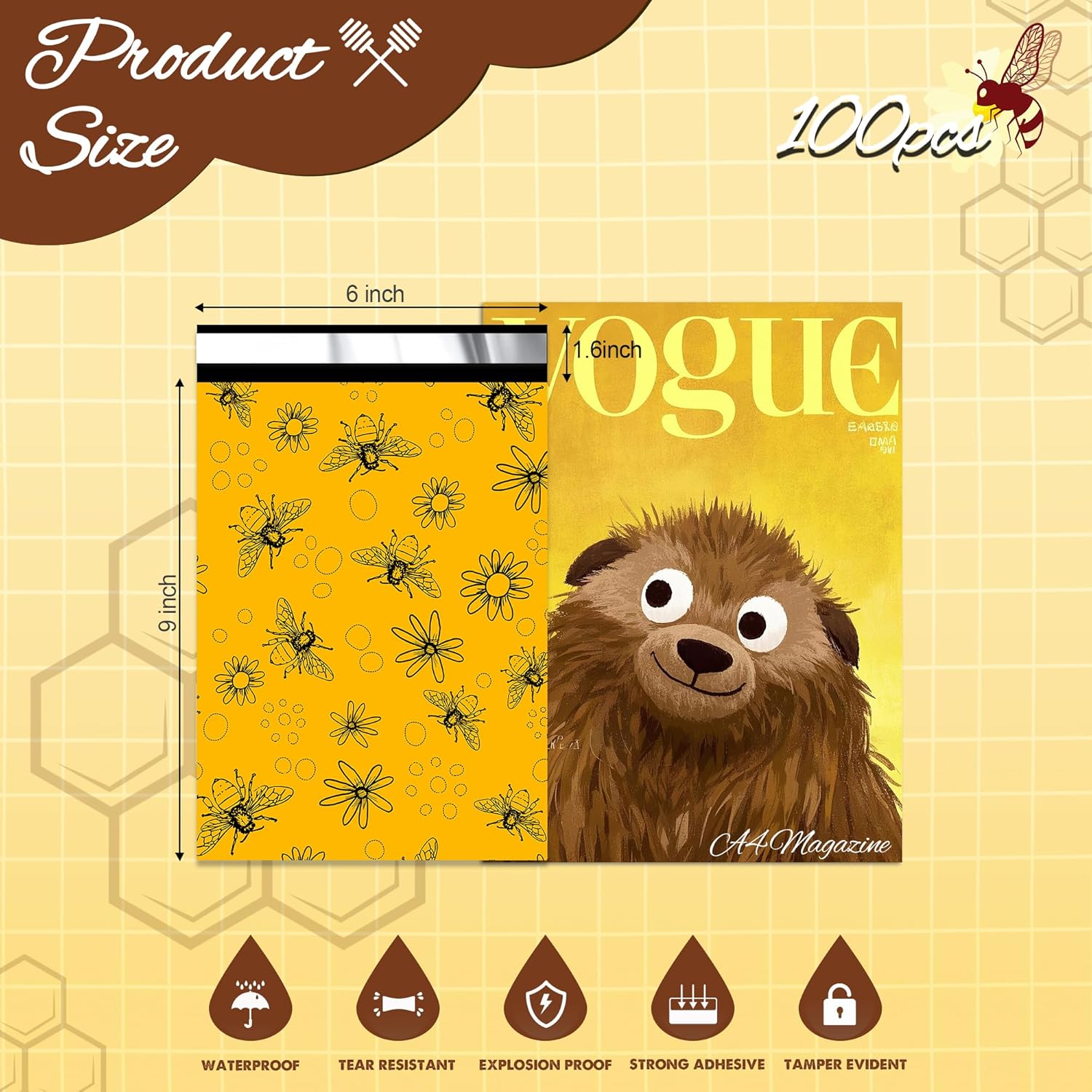 Bees Poly Mailer 6x9 Inch 100 Pcs, Waterproof Shipping Bags for Clothing, Tear-Resistant Mailier Bags, Strong Mailing Bags with Self-Seal