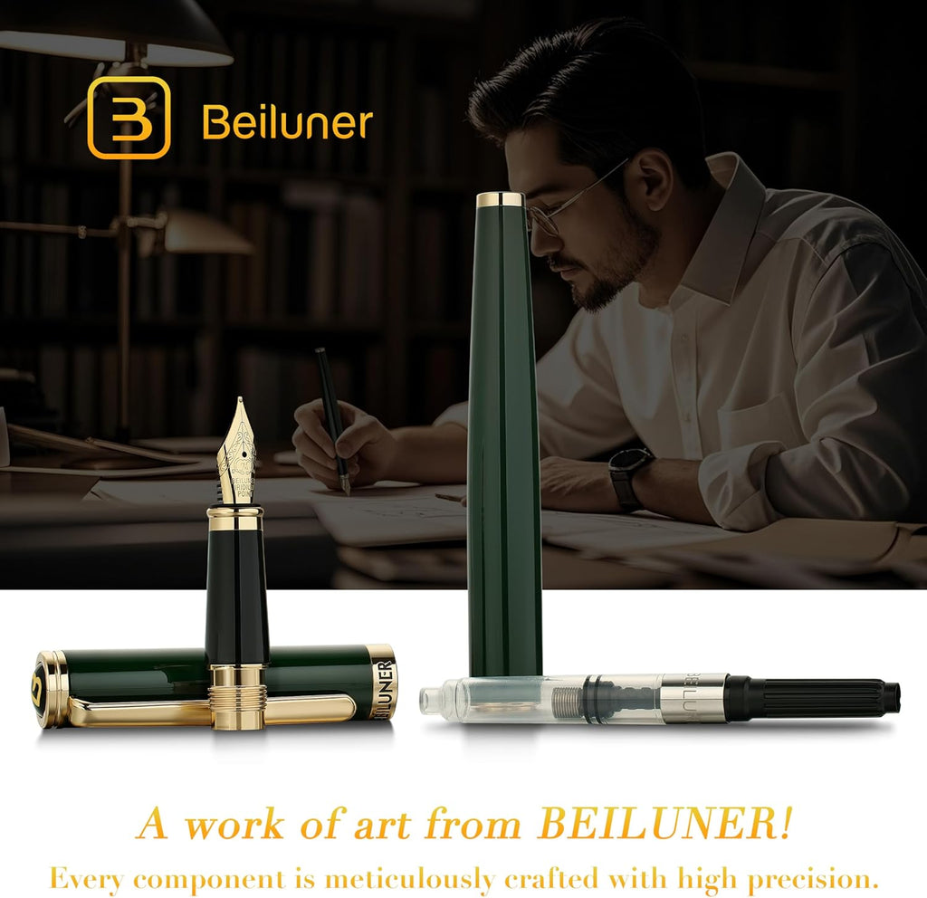 BEILUNER British Racing Green Fountain Pen,Stunning Luxury Pens with 24K Gold Accents, Gorgeous 24K Gilded Nib(Medium), Ink Converter, Pen Gift for Men&Women-Elegant, Reliable,Fancy for Writing