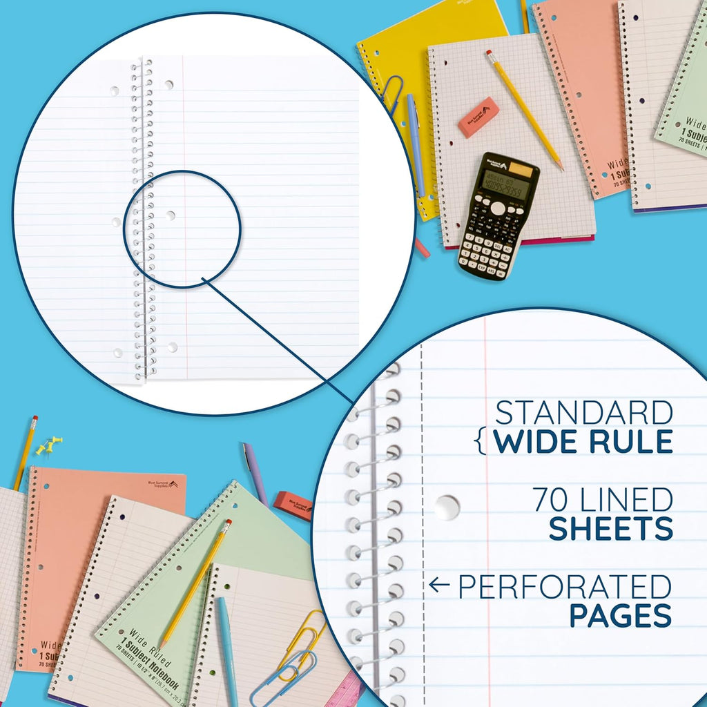 Blue Summit Pastel Spiral Notebooks, 1 Subject Pastel Notebooks Wide Ruled, Paper School Bulk Notebook, 12 Pack