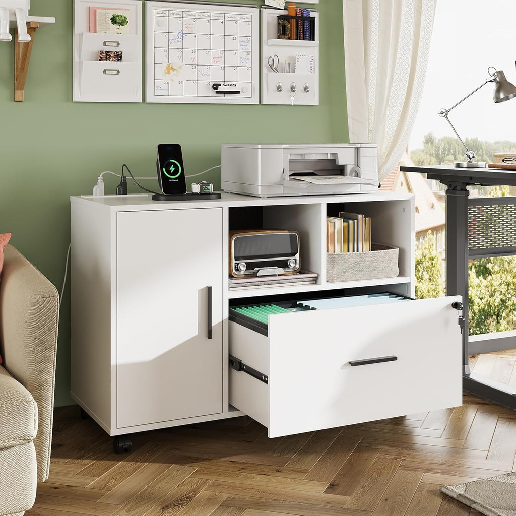 DEVAISE File Cabinet with Charging Station, 1-Drawer Lateral File Cabinets with Lock for Home Office, Wooden Rolling Printer Stand with Shelves, White