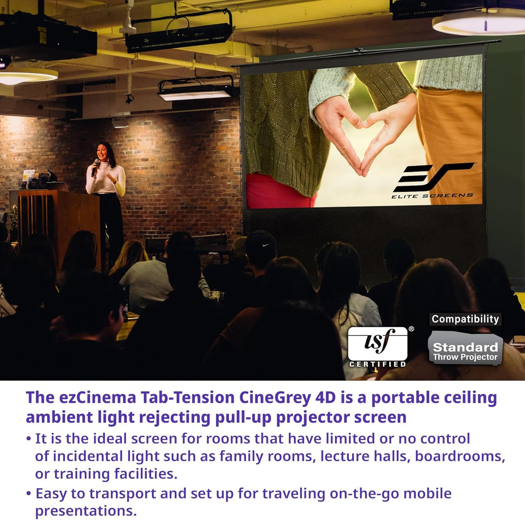 Elite Screens ezCinema Tab-Tension CineGrey 4D, 123-inch 16:9, Manual Floor Pull Up ISF Ceiling Ambient Light Rejecting, Portable Home Office Classroom Projector Screen with Carrying Bag, FT123UH-C4D