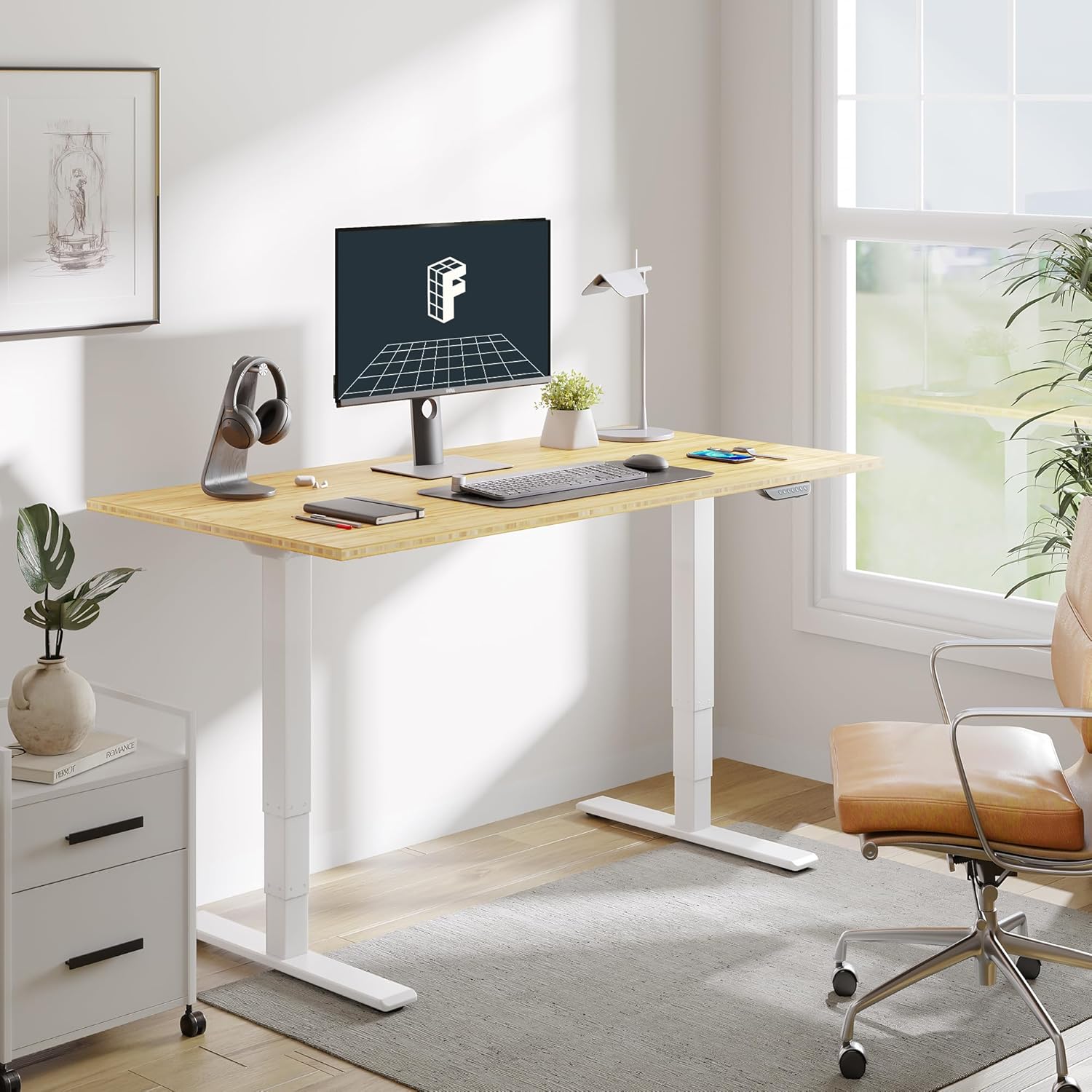 FLEXISPOT E6 MAX Bamboo Dual Motor 3 Stages Standing Desk 72x30 Inch Whole-Piece Board Electric Height Adjustable Stand Up Desk 150KG Load Capacity(White Frame + Bamboo Desktop)