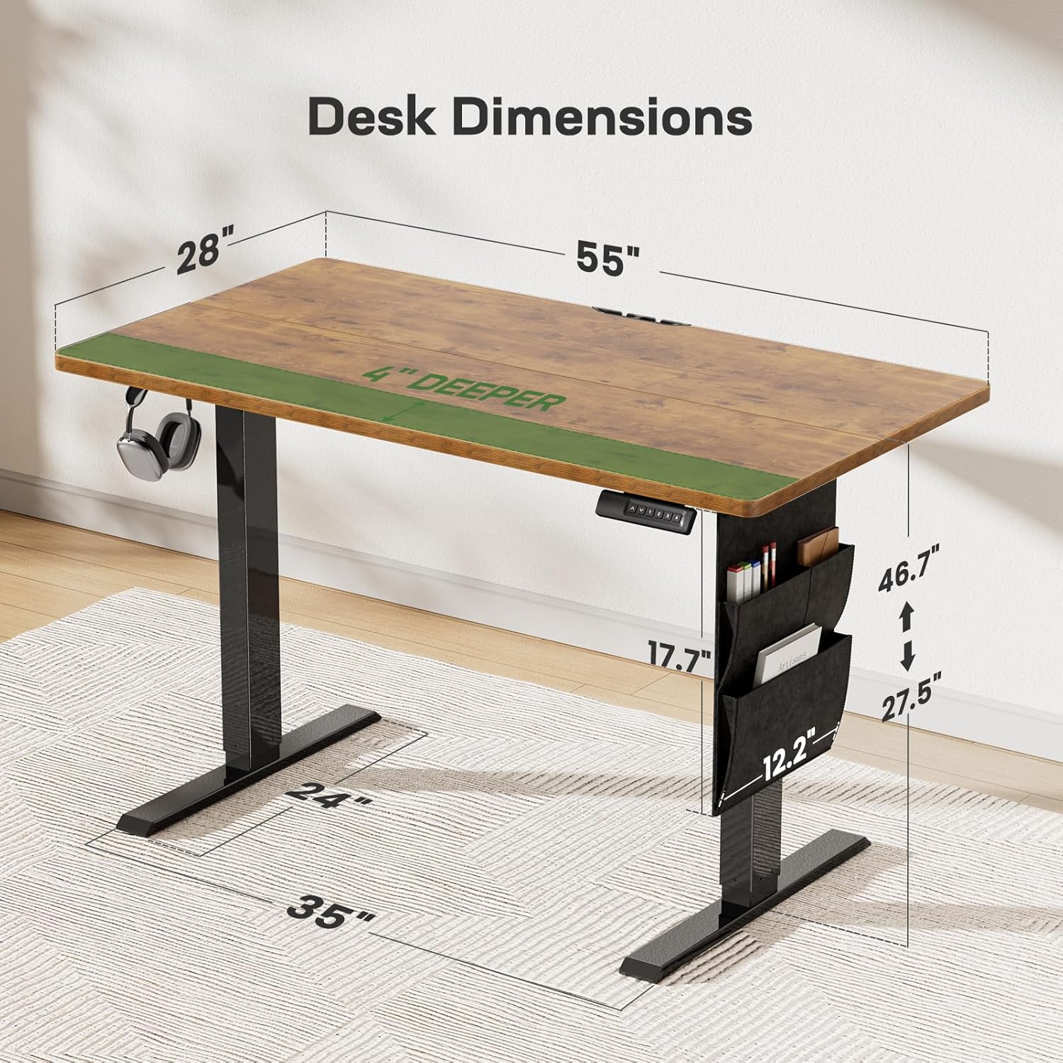 Marsail Electric Standing Desk Adjustable Height Home Office Desks 55"x28" with Storage Bag,Sit Stand up Desks for Study,Writing,Work Computer 4 Memory Preset with Headphone Hook
