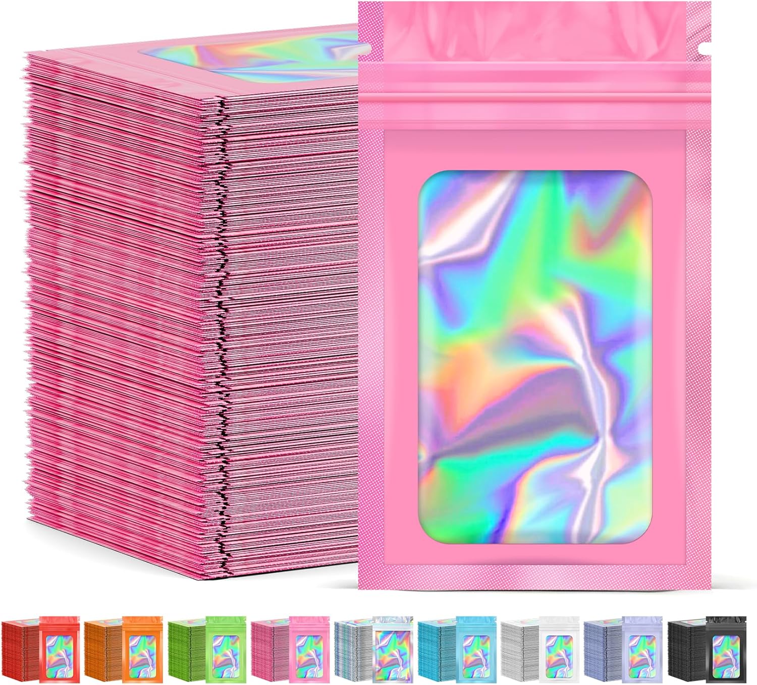 300 Pcs Mylar Bags, Smell Proof Bags Foil Pouch, Holographic Resealable Bags for Small Business, Candy Sample Jewelry Bag Sealable Packaging for Party Favor Food Storage (4x6in-Pink)