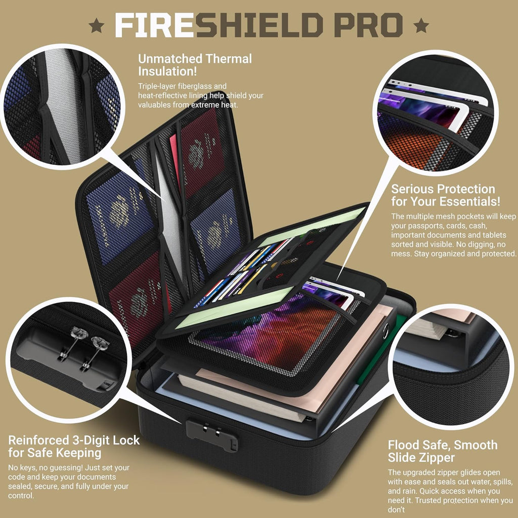FIRESHIELD PRO 5200°F Fireproof Document Box with Lock – Fire Safe Organizer with Laptop, Tablet & Cards Pockets – Water Resistant, Multi-Pocket Storage for Travel, Home or Office – 15" x 11" x 4.1"