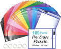 SUNEE 100 Packs Oversized Reusable Dry Erase Pocket Sleeves with 5 Rings, 10 Assorted Colors 10x14 Ticket Holders, Clear Plastic Sheet Protectors, Teacher School Classroom Supplies