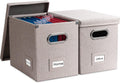PRANDOM File Organizer Box - Set of 2 Collapsible Decorative Linen Filing Storage Hanging File Folders with Lids Office Cabinet Letter Size Light Grey (14x9.3x10.8 inch)
