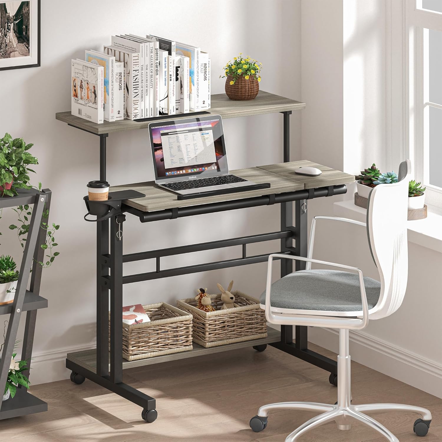 Mobile Standing Desk, Adjustable Rolling Computer Desk with 3 Desktops, Portable Laptop Table with Cup Holder, Home Office Laptop Workstation on Lockable Wheels, Grey Oak