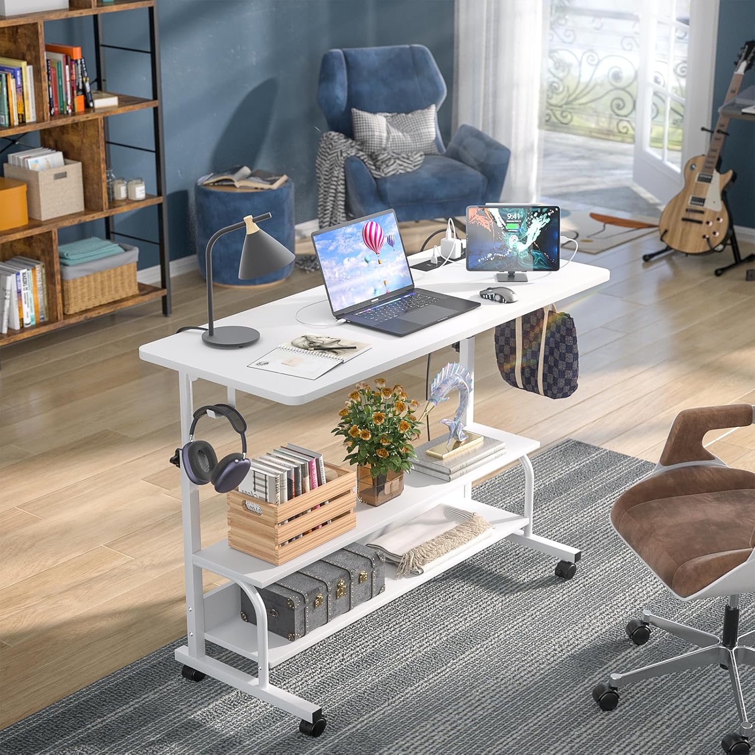 Armocity Height Adjustable Standing Desk with Power Outlets, 39" Manual Stand Up Desk with Storage Shelves Small Mobile Rolling Computer Desk Portable Laptop Table with Wheels for Home Office, White