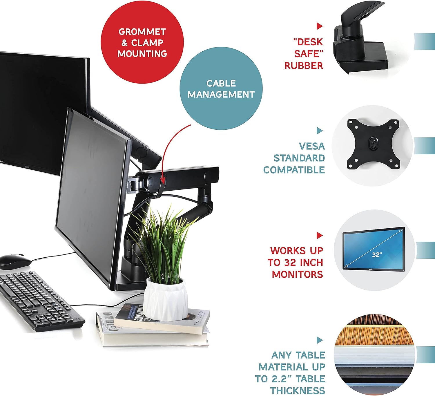 Dual Monitor Stand, Dual Monitor Arm, Dual Monitor Mount vesa Mount, up to 32 inch Monitor Desk Mount, soporte Monitor arms & Monitor Stands for 2 Monitors, Dual Monitor Riser Stand