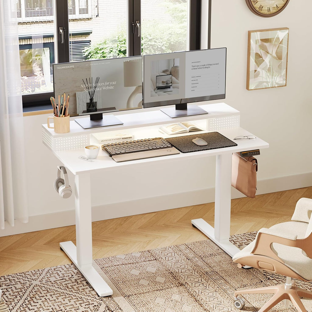Claiks Electric Standing Desk with Shelf, 48 Inch Height Adjustable Standing Desk with LED Lights & Monitor Stand, White Frame/White Top