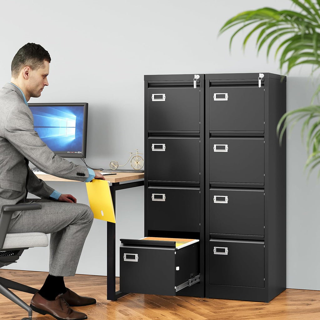 SISESOL 4 Drawer File Cabinet with Lock and Tag,Black Vertical File Cabinet,Narrow Locking Filing Cabinets with Drawers,Metal Filing Storage for Home Office Fit A4 Legal/Letter Size