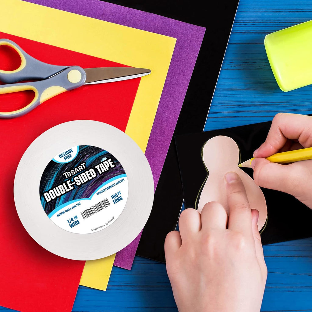 Ultra-Thin Permanent Double-Sided Tape - Double Sided Adhesive Sticky Tape for Arts, Crafts, Photography, Scrapbooking, Tear-by-Hand - Acid Free 1/4 Inch Wide 180FT Long