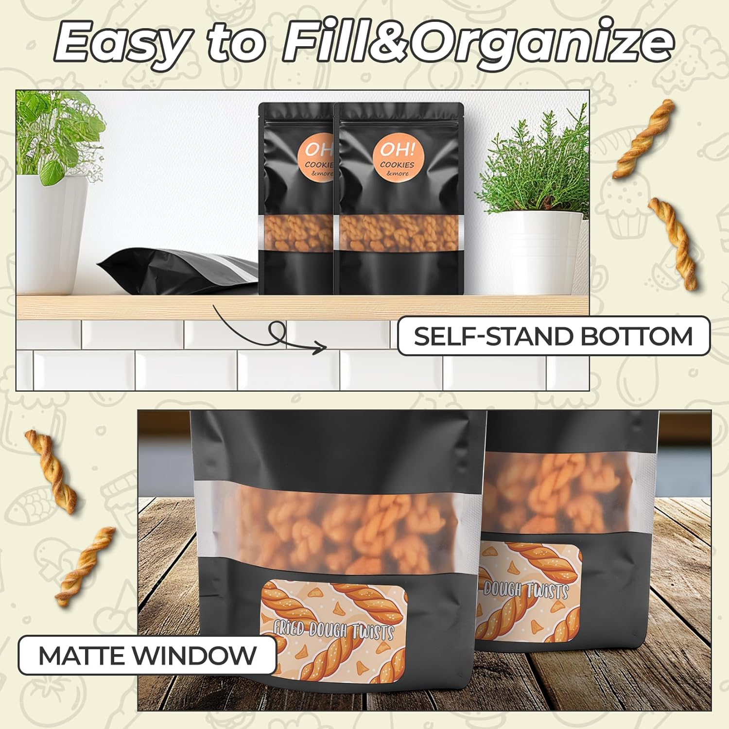 Funfery 100 Pcs Smell Proof Packaging Bags,Mylar Clear Bags for Food Storage,Sealable Bag for Packaging,Stand Up Pouches with Window,ReSealable Bag for Small Business,Cookies,Candy(Black,5.5x7.8in)