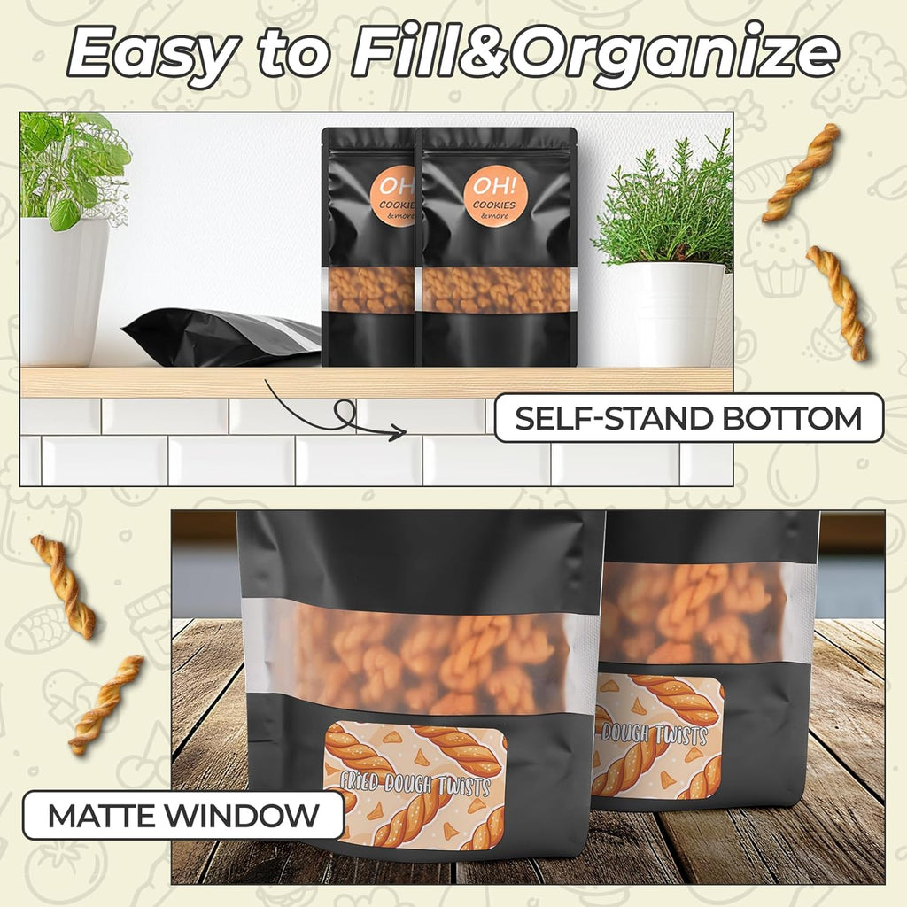 Funfery 100 Pcs Smell Proof Packaging Bags,Mylar Clear Bags for Food Storage,Sealable Bag for Packaging,Stand Up Pouches with Window,ReSealable Bag for Small Business,Cookies,Candy(Black,5.9x8.6in)
