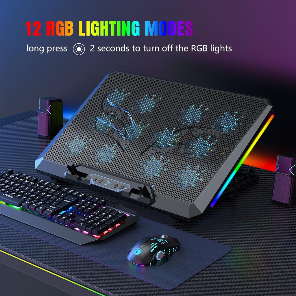 Laptop Cooling Pad with 12 Quiet Fans, Slim Portable for 12-17.3 Inch Laptop Cooler Stand, RGB Lighting, with 5 Height Adjustable, Gaming Cooling Fan Pad, with Two USB Ports Holder (LCD)