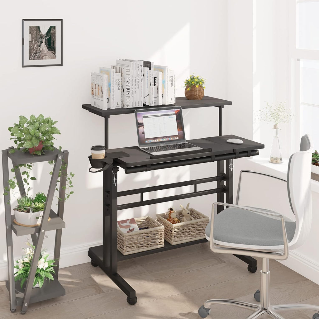 Mobile Standing Desk, Adjustable Rolling Computer Desk with 3 Desktops, Portable Laptop Table with Cup Holder, Home Office Laptop Workstation on Lockable Wheels, Black
