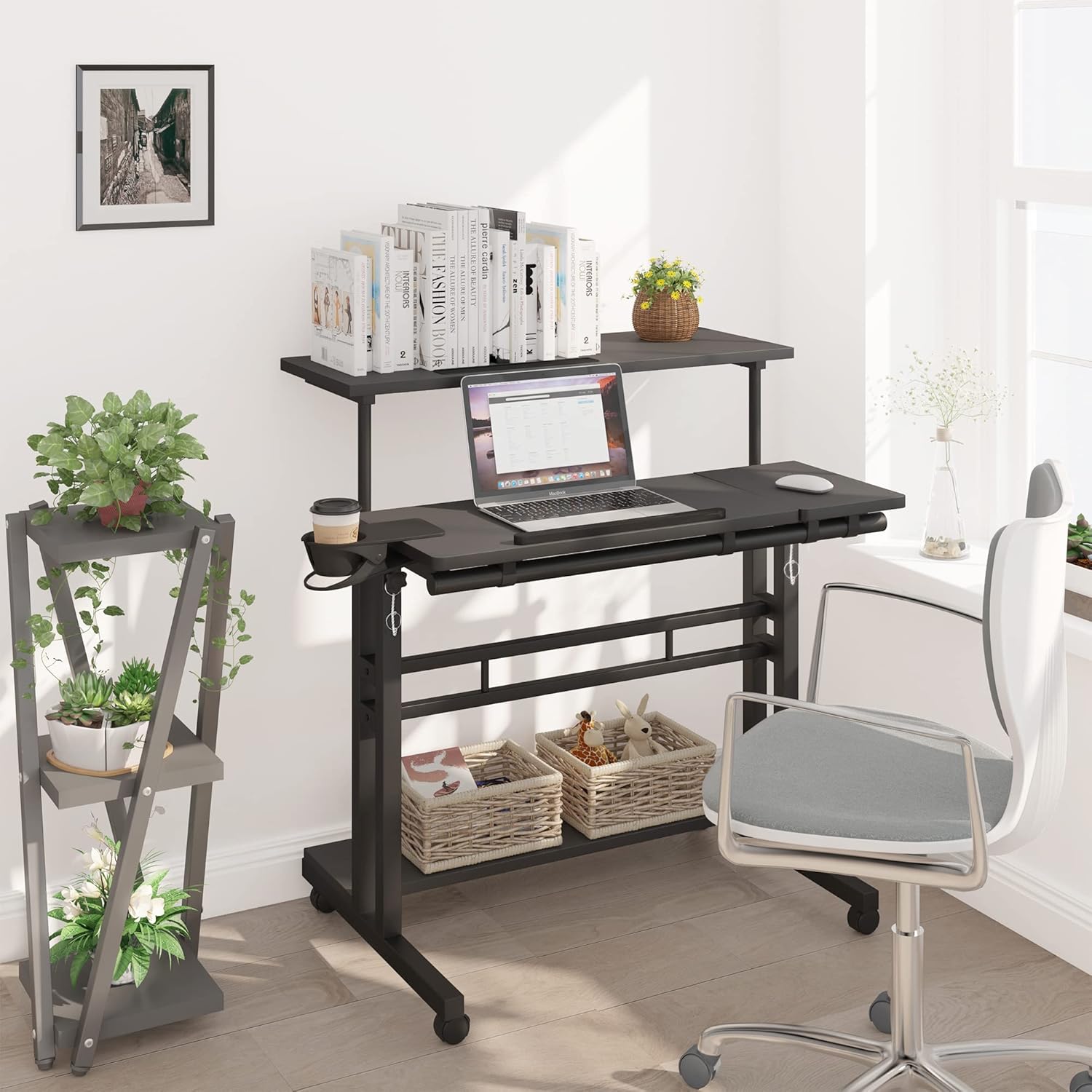 Mobile Standing Desk, Adjustable Rolling Computer Desk with 3 Desktops, Portable Laptop Table with Cup Holder, Home Office Laptop Workstation on Lockable Wheels, Black