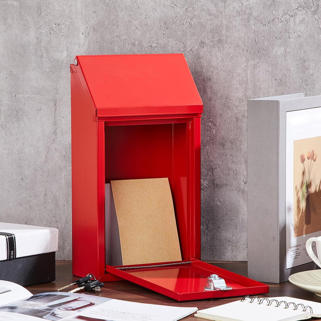 Metal Donation Box Collection Safe Suggestion Box with Slot and Lock Waterproof Wall Mounted Mailbox Money Container Lock Key for Home Outdoor Door, 10.2 x 5.7 x 3 Inch(Red)