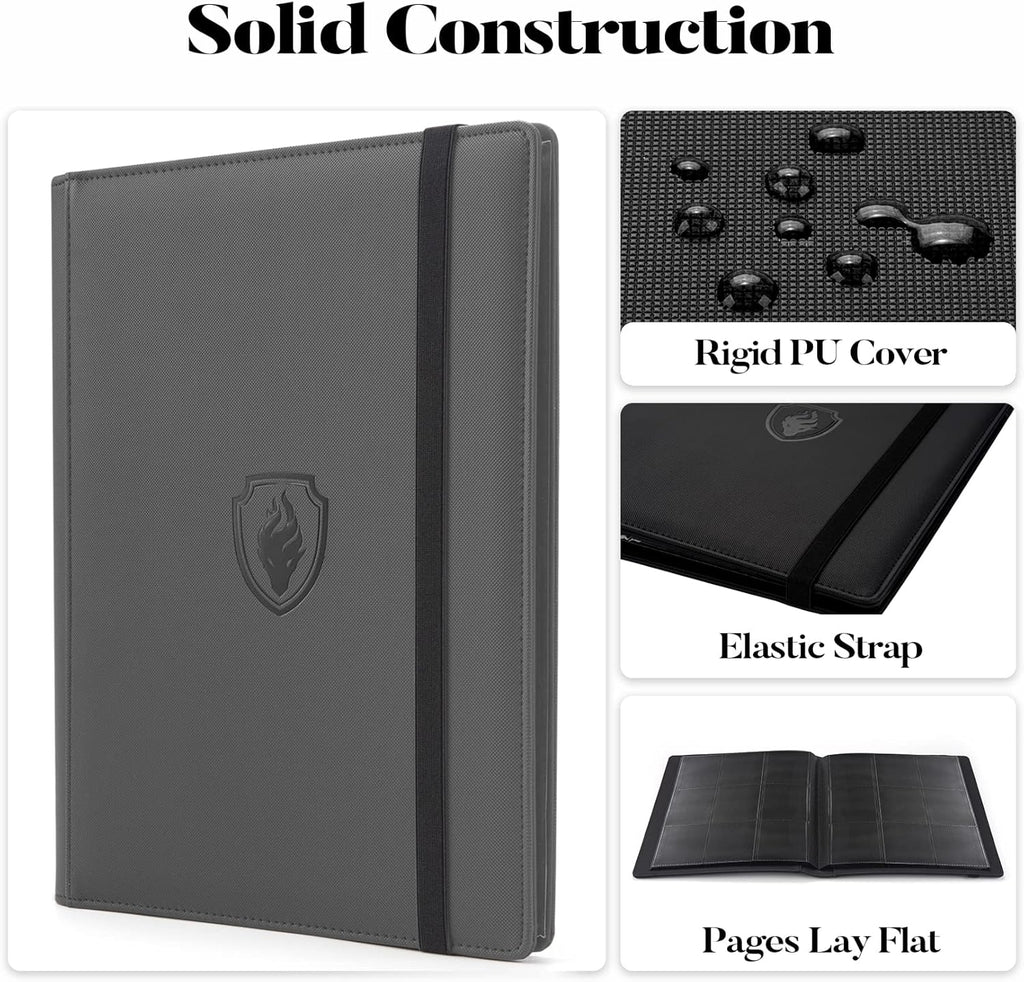 Trading Card Binder 9 Pocket, Fabmaker PU Cover Card Collection Binder for 360 Cards, Premium Card Book, Sturdy Card Holder Folders, Card Album for YuGiOh, MTG, TCG, Game Cards & Sports Cards, Grey