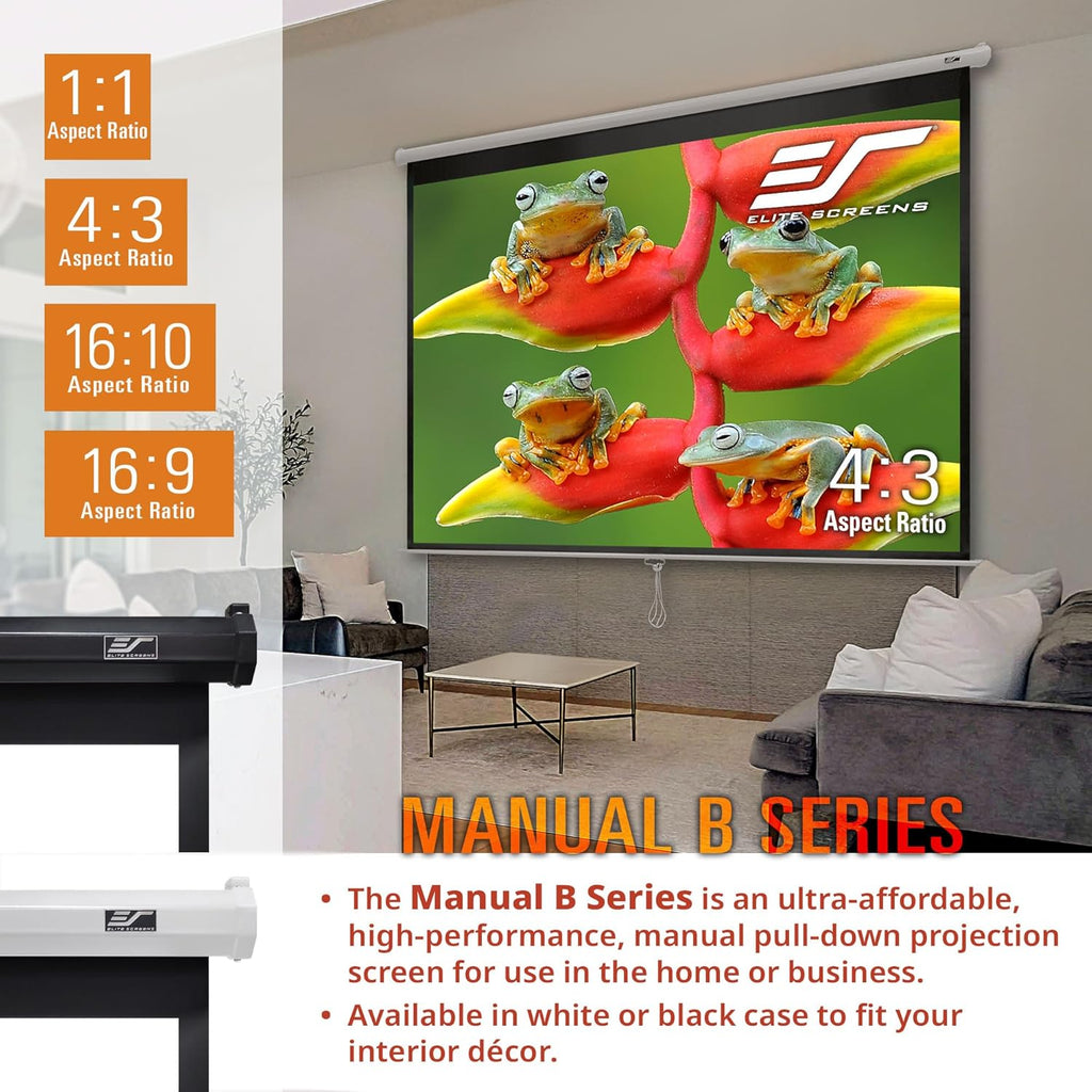 Elite Screens Manual B 125-INCH Manual Pull Down Projector Screen 1:1 Diag 4K 8K 3D HD Home Movie Theater Slow Retract Mechanism, M125S