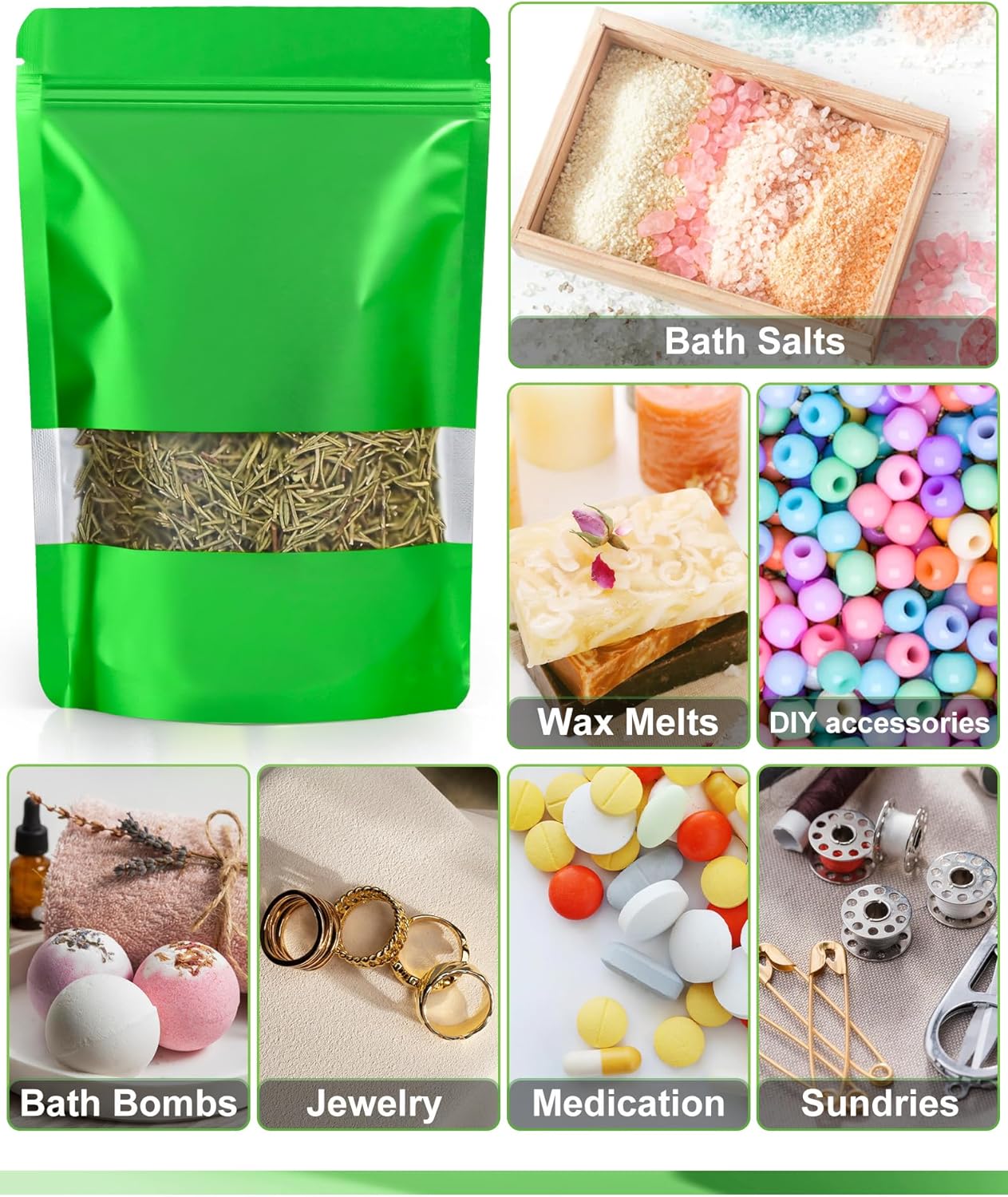 FireKylin 100 Pack Smell Proof Bags, Resealable Bags with Matte Window, Foil Pouch Stand Up Sealable Bags for Packaging（Green,4" x 6"）
