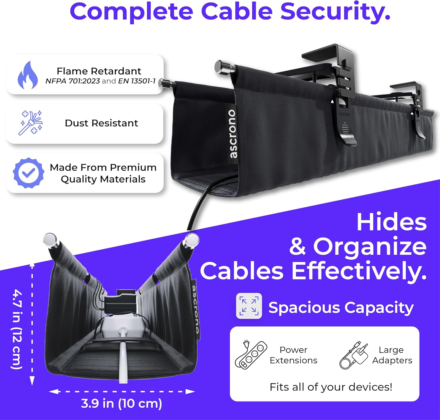 Original No Drill Under Desk Cable Management Tray 53.9" - Premium Black Fabric Cable Management Under Desk - Clamp/Screw Mount Cord Organizer - Supports Upto 66lbs - Extra Large