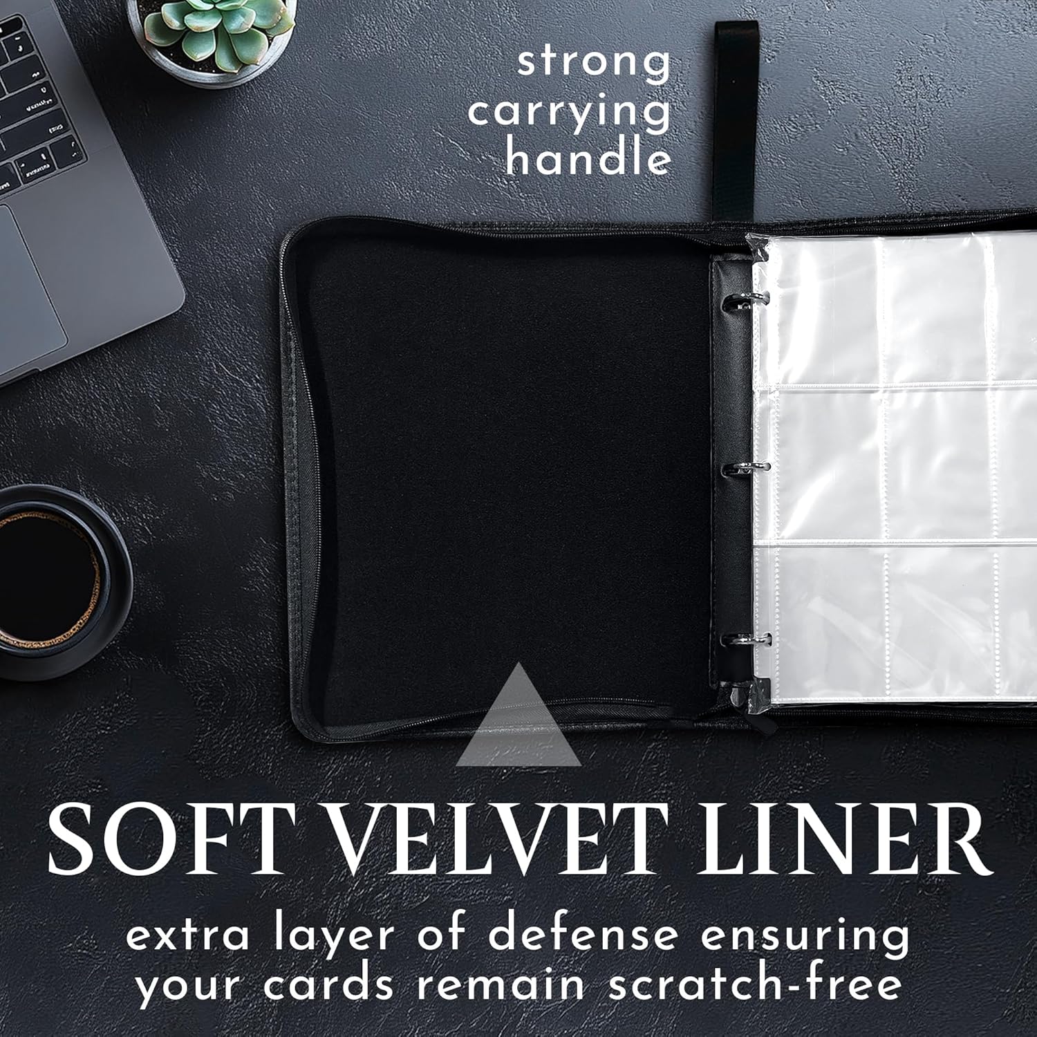 Premium Black Trading Card Binder – 13" x 10.5" PU Leather with Zipper, 50 Double-Sided 9-Pocket Sheets (900 Cards) – Velvet Liner – Includes 2 Acrylic 35PT Card Protectors