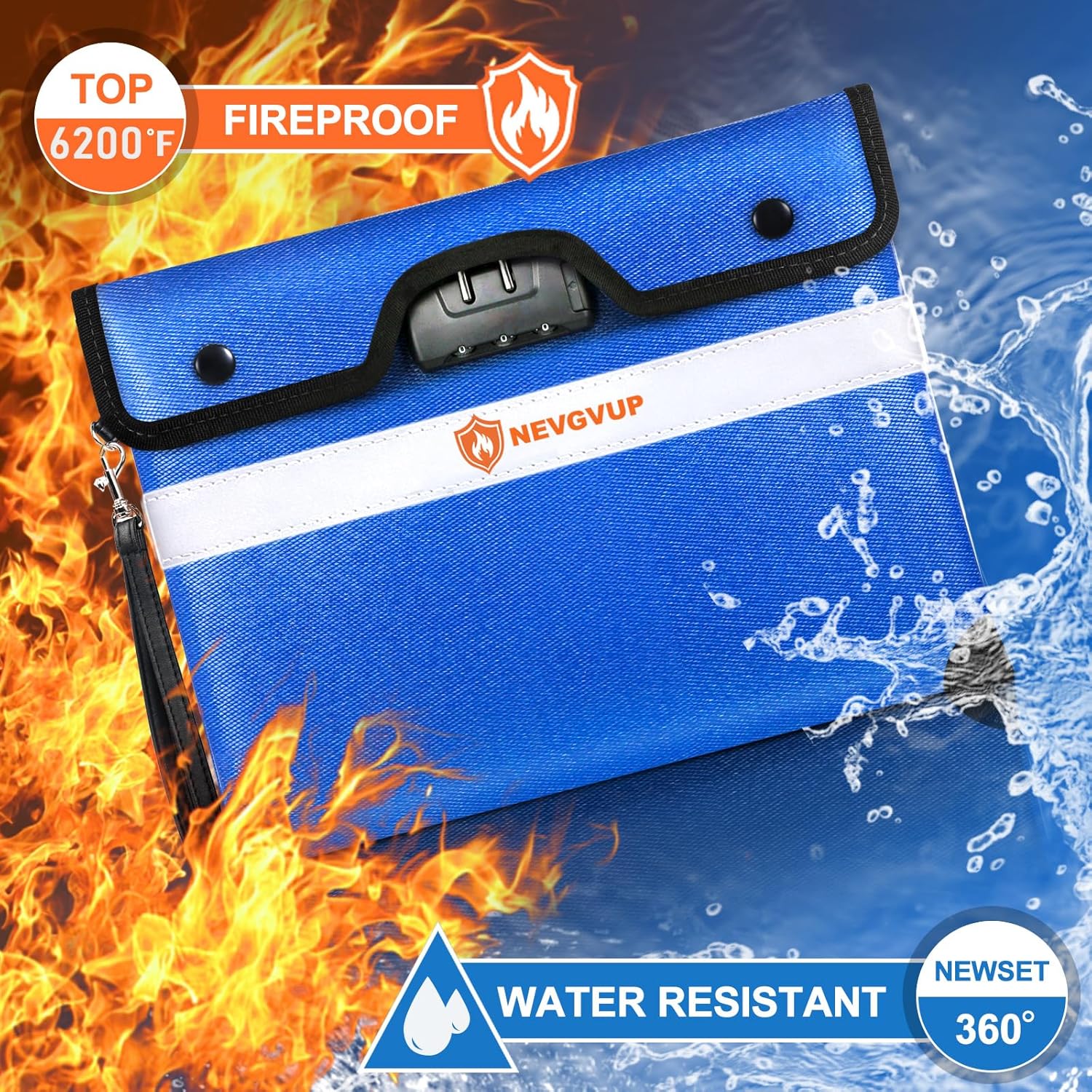 6200°F Upgraded Fireproof Document Bag with Lock, Fireproof Money Bag for Cash with Zipper/Reflective Strip, 9 Layer of Heat Insulated Material, Water Resistant Fire proof Bags for Documents,Safe Bags